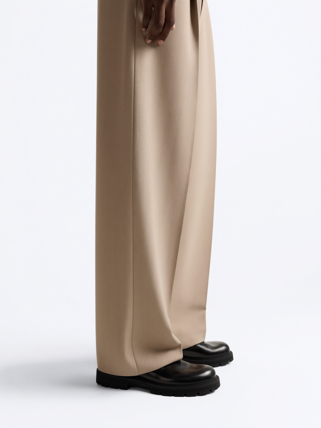 Biege Wide Fit Pleated Trousers