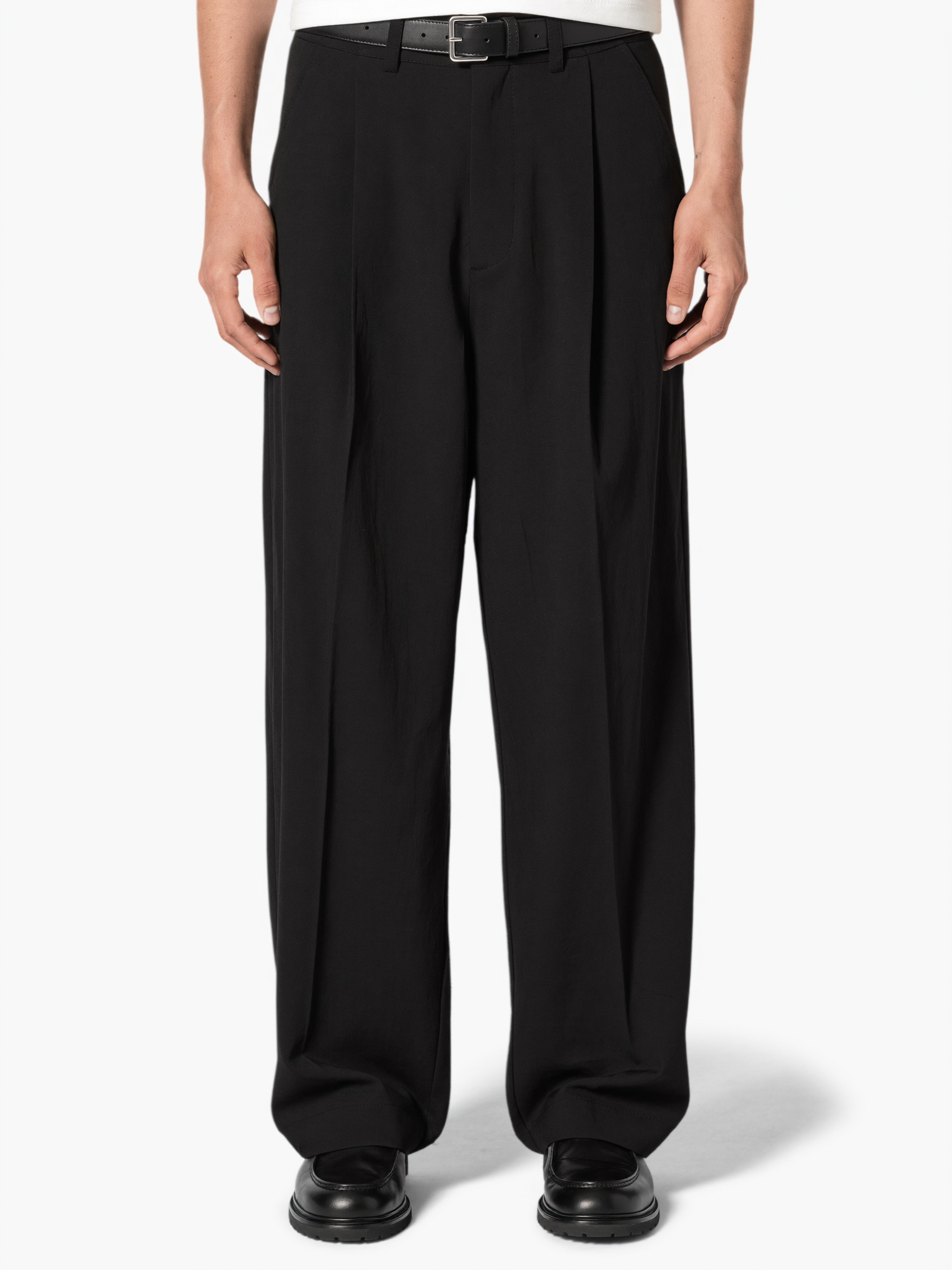 Black Wide Fit Pleated Trousers